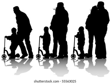 Vector drawing little boy on scooter. Silhouette of people
