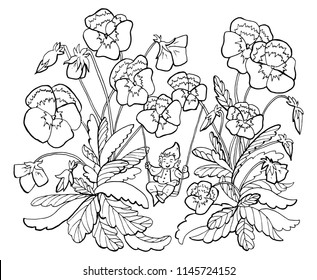 Vector drawing of little gnome on swings with garden pansy. Black and white cartoon clip art illustration, doodle hand drawn graphic