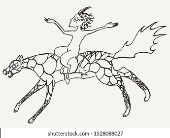 Vector drawing of little imp riding a fabulous creature