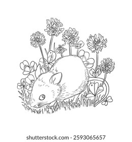 vector drawing little mouse sitting in grass and flowers of clover, monochrome line composition at white background, hand drawn illustration