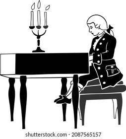 vector drawing of a little Mozart playing the piano