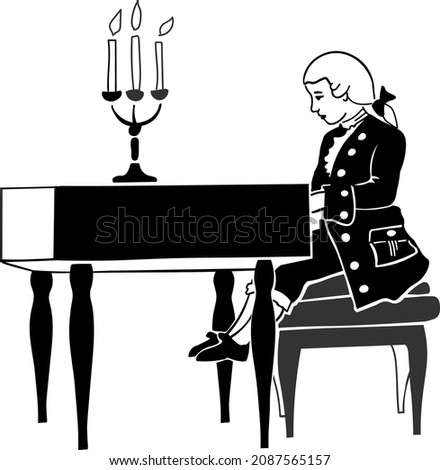 vector drawing of a little Mozart playing the piano