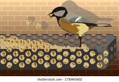Dibujo vectorial de un pequeño grano comiendo palomitas de maíz de un comedero. Posibilidad de uso para el diseño de prendas de vestir, fondos, marcas de estiramiento de bolsas y otros elementos decorativos