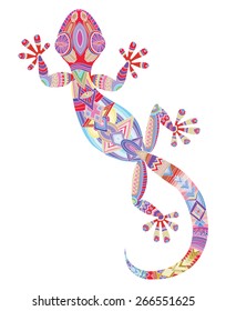 Vector drawing of a lizard gecko with ethnic patterns - image lizard as a tattoo.