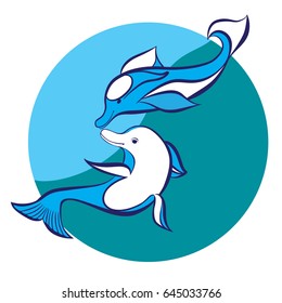 Vector drawing of the logo. The image of two dolphins and two elements: water and air.