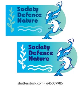 Vector drawing of the logo. The image of two dolphins, stylized waves and algae.