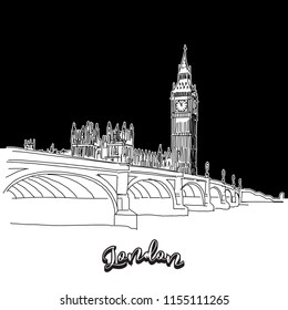Vector drawing of London skyline, outline. United Kingdom travel landmark. Black and white cover and background concept.