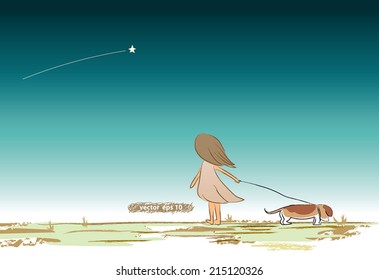 vector drawing of a lonely girl with her dog looking at the shooting star. Make a wish under the star sky. Fantasy dream of fairytale scene. Sparkle star shinning in the sky