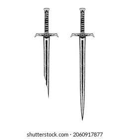 Vector drawing of a long sword. Broken blade of the king. Weapon of the medieval fantastic knight. Dragon Slayer weapons. Drawing for design. Black tattoo. Vector illustration.