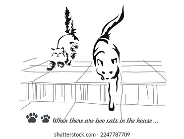 Vector drawing long  haired cat  Stretching angora cat  A crouched mongrel and long  curled tail  Image an animal in the style gestalt design