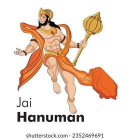 Vector drawing of lord Hanuman, An art of Hindu religion, An illustration of flying Hanuman