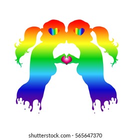 Vector drawing love kissing pair of girl lesbian, painted in the colors of the gay flag.Two human hands gesture representing the heart shape. Colorful silhouette of a loving couple on Valentine's Day
