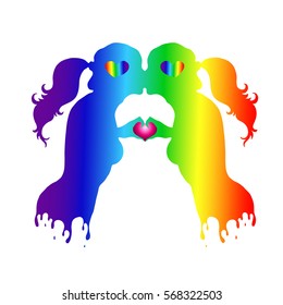 Vector drawing love kissing pair of girl lesbian, painted in the colors of the gay flag.Two human hands gesture representing the heart shape. Colorful silhouette of a loving couple on Valentine's Day