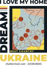 Vector drawing I love my home Ukraine. Print for clothes yellow and blue color. Sticker, poster, banner. Vector elements.