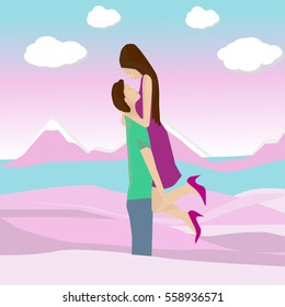 the vector drawing of loving couple against the background of a landscape  