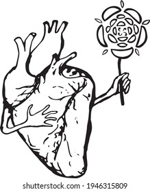 Dibujo vectorial del corazón humano amoroso con flor