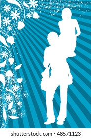 Vector drawing loving men and women. Silhouette of people and flowers