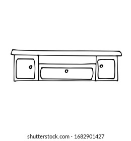 Vector drawing of a low long TV table. Sketch style. A linear pattern. Black and white doodles Isolated on a white background. Modern furniture for bedroom, study, living room.