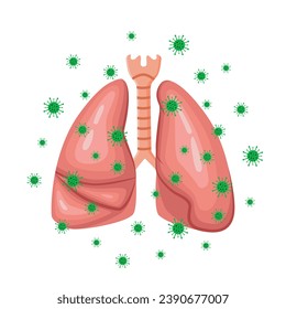 Vector drawing of lungs with viruses. Human organ lungs. The virus attacks the lungs.