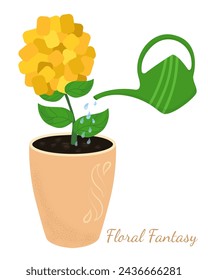 Dibujo vectorial de flor exuberante amarilla en una olla naranja que se riega con agua de la regadera verde. El cuidado de las flores y plantas del hogar. Dibujo elegante realista con copyspace para el diseño