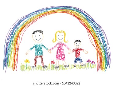 Vektorillustration eines Kindes, glückliche Familie im Frühling mit Regenbogen