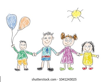 Vector drawing made by a child, happy family 
