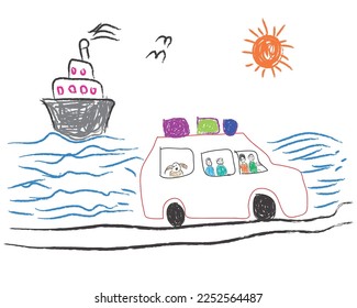 Vector drawing made by a child, happy family that goes on vacation to the sea by car. children's drawing.