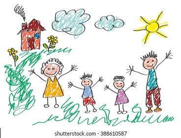 Vector drawing made by a child, happy family in the countryside