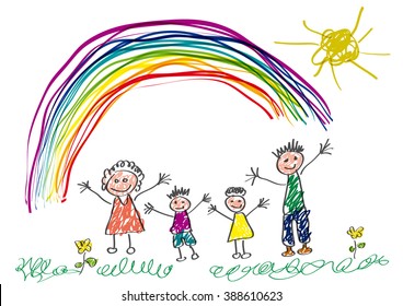 Vector Drawing Made By A Child, Happy Family In The Spring