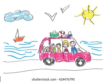 Vector drawing made by a child, happy family that goes on vacation to the sea by car
