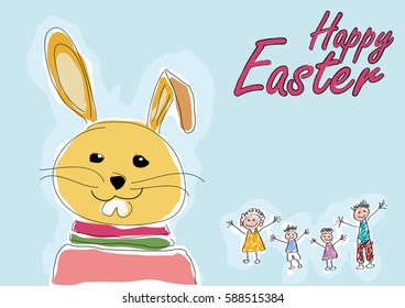 Vector drawing made by a child, happy family and rabbit. Vacation easter concept