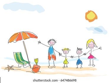 Vector Drawing Made By A Child, Happy Family On Vacation At The Beach
