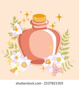 vector drawing magic glass bottle with potion and flowers, hand drawn illustration