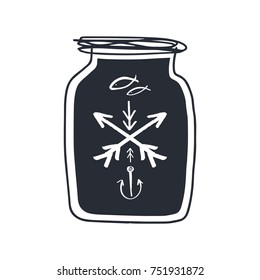 Vector, drawing, magic, glass jar, vessel, elements for design, children's illustration, print, poster, postcard, symbols, set, congratulation, gift, fantasy, hand drawn, sea, navy, anchor.