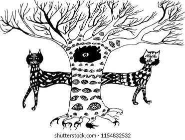 Vector drawing of a magic tree and fairy cats