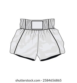 Vector drawing of mai tai boxing shorts. Sketch of short shorts on wide elastic waistband, unisex. Template of sports shorts for running, gym, fitness.