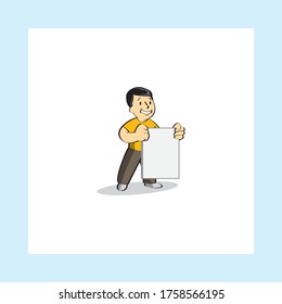 Dibujo vectorial de un personaje masculino sonriendo y sosteniendo un marco rectangular