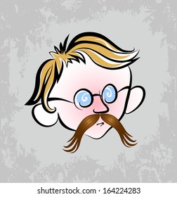 Vector drawing of male face which mustache and glasses.