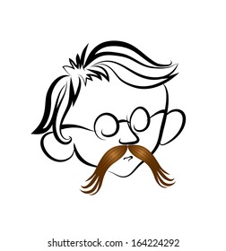 Vector drawing of male face which mustache and glasses.