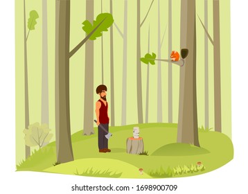 vector drawing a man with an axe wants to chop wood in the forest