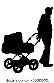 Vector drawing man with children. Silhouettes on a white background