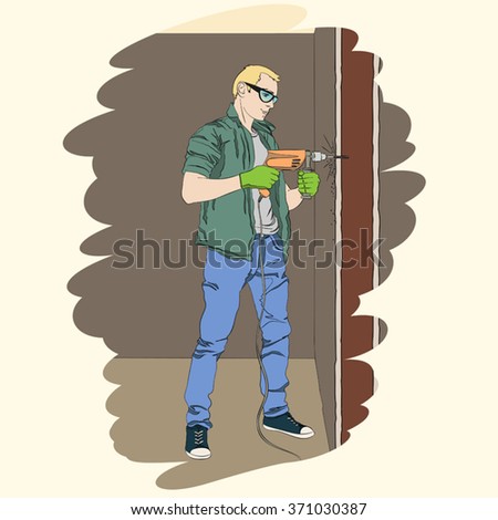 vector drawing the man correctly works with a door