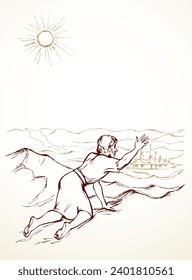 Vector drawing. A man in the desert sees a mirage