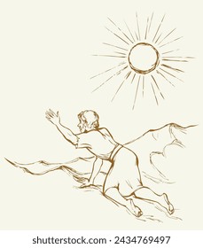 Vector drawing. A man in the desert sees a mirage