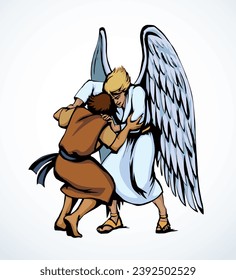 Vector drawing. Man fight with Angel