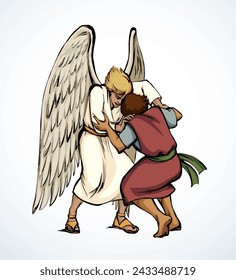 Vector drawing. Man fight with Angel