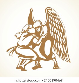 Vector drawing. Man fight with Angel