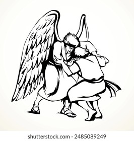 Vector drawing. Man fight with Angel
