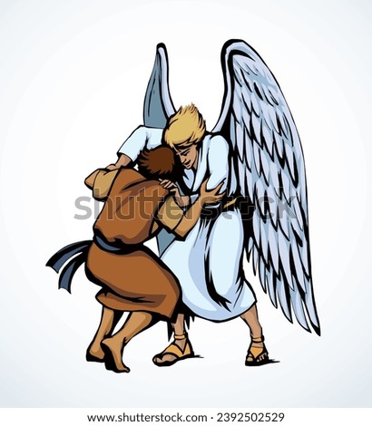 Vector drawing. Man fight with Angel