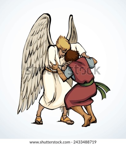 Vector drawing. Man fight with Angel